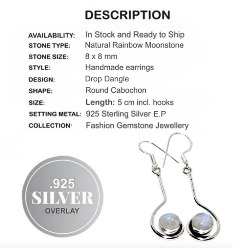 Trendy Natural Rainbow Moonstone Gemstone .925 Silver Earrings