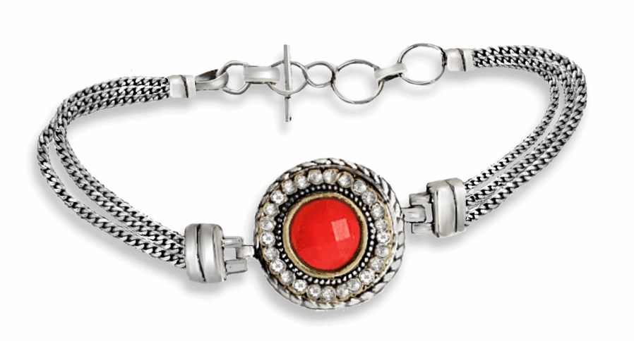 Turkish Style Red Coral, White Topaz Gemstone 925 S /Silver Bracelet