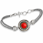 Turkish Style Red Coral, White Topaz Gemstone 925 S /Silver Bracelet