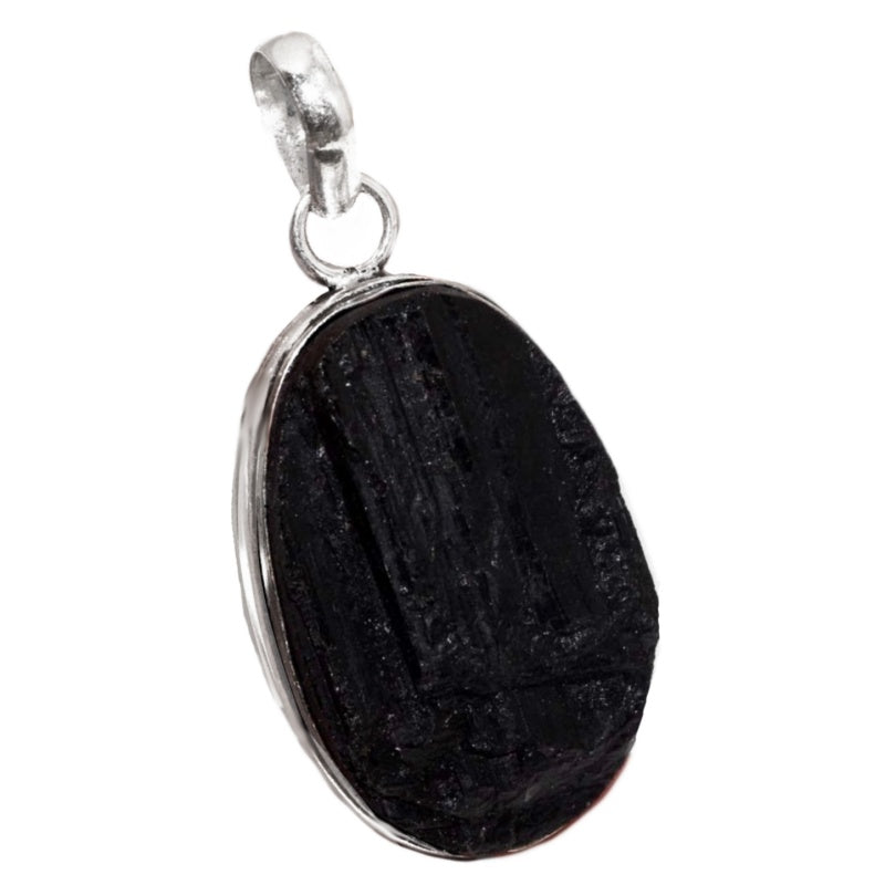 Natural Rough Black Tourmaline Oval Gemstone .925 Sterling Silver Pendant