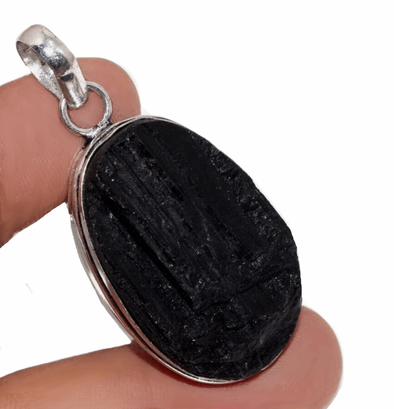 Natural Rough Black Tourmaline Oval Gemstone .925 Sterling Silver Pendant