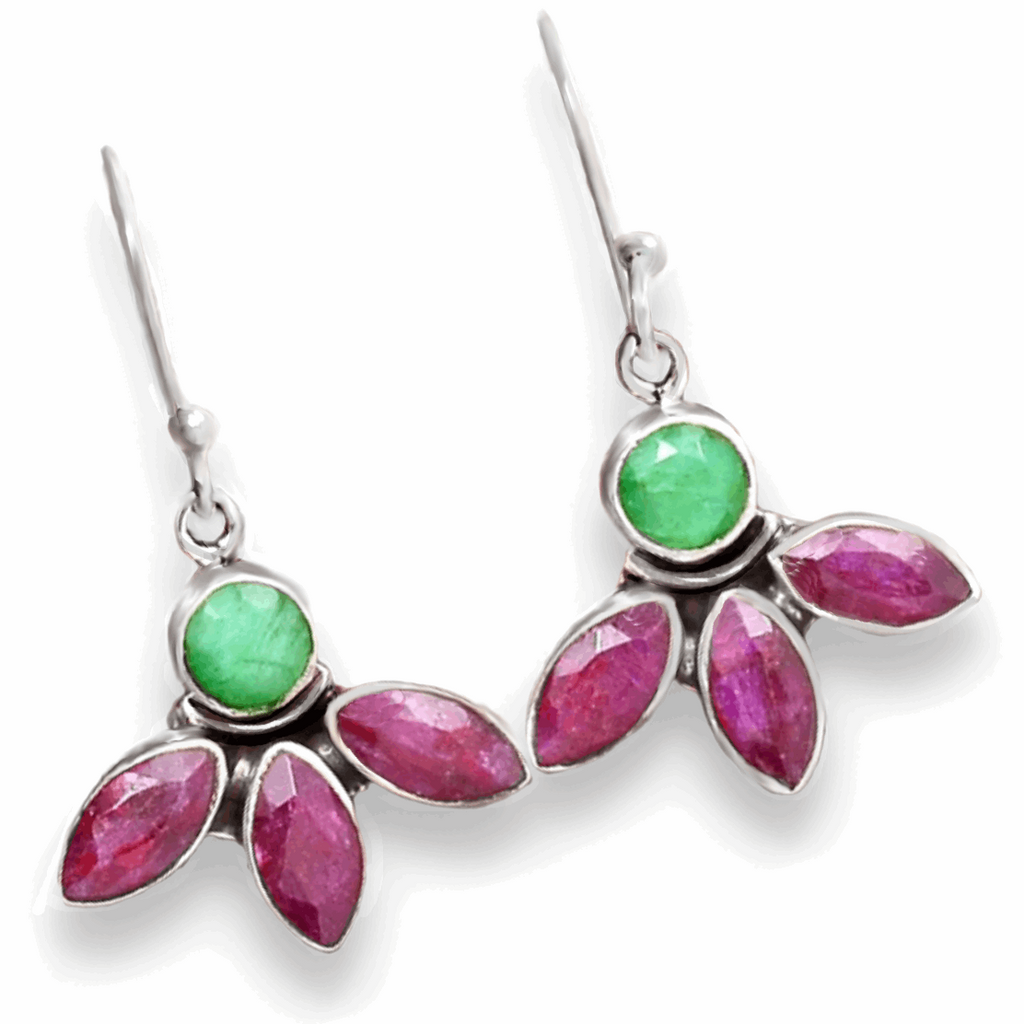 Natural Ruby Emerald Marquise Gemstone Solid .925 Sterling Silver Earrings