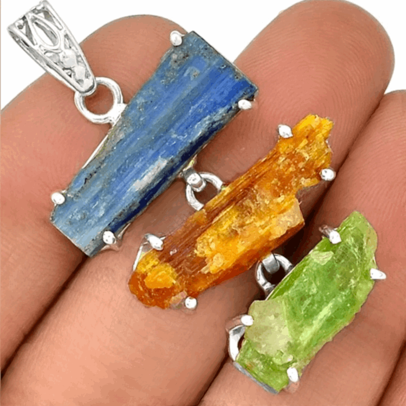 Natural Blue, Yellow, Green Kyanite Gemstone Solid .925 Sterling Silver Pendant