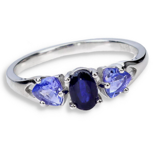 Natural Unheated Tanzanite, Blue Sapphire Solid 925 Sterling Silver 14K White Gold Ring SZ 8 /Q