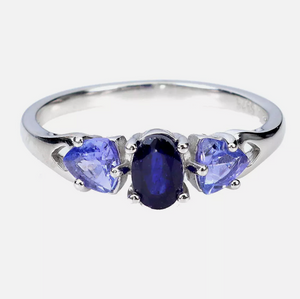 Natural Unheated Tanzanite, Blue Sapphire Solid 925 Sterling Silver 14K White Gold Ring SZ 8 /Q