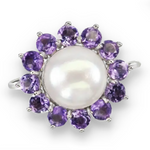 AAA Natural Unheated Purple Amethyst and White Pearl set in Solid .925 Silver 14K White Gold Ring Size 7 or O