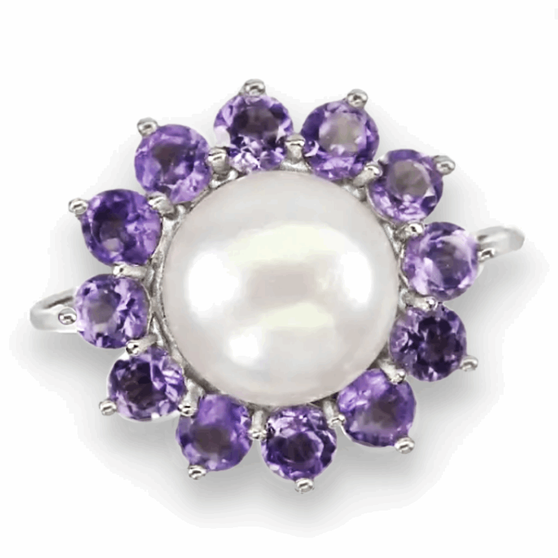 AAA Natural Unheated Purple Amethyst and White Pearl set in Solid .925 Silver 14K White Gold Ring Size 7 or O