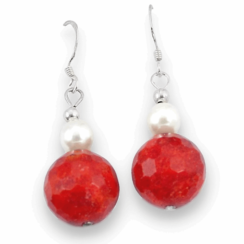 15.86 Cts Natural White Pearl, Faceted Red Sponge Coral Solid .925 Sterling Silver Earrings