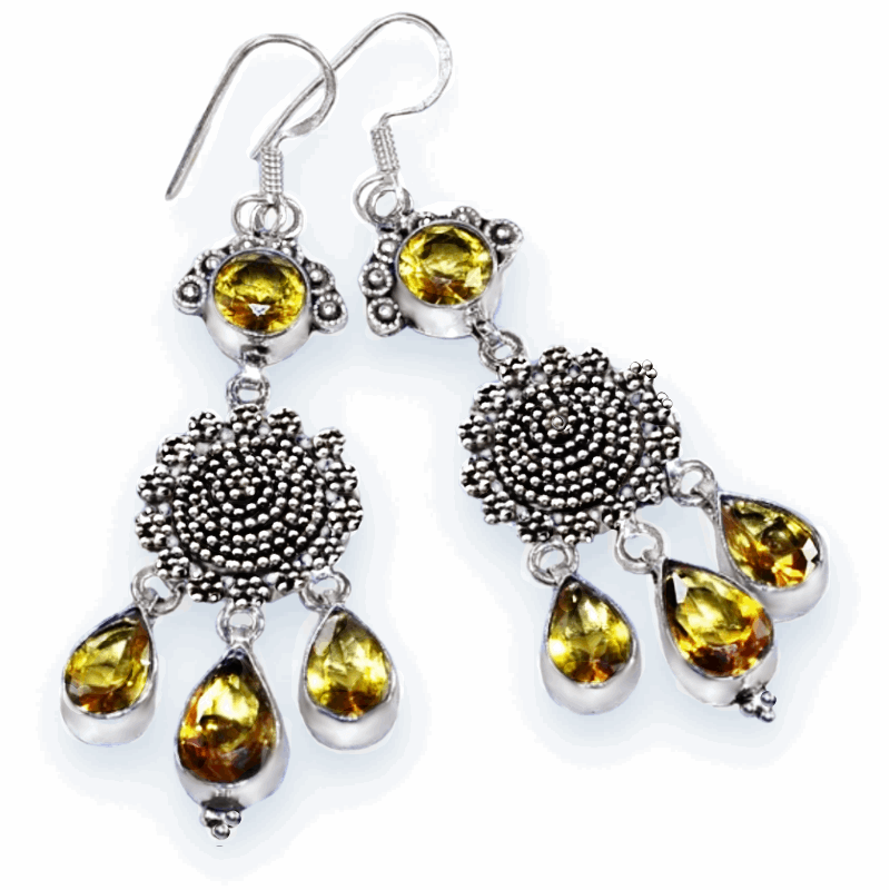 Antique Style Golden Citrine Mixed Shape Gemstones.925 Sterling Silver Chandelier Earrings