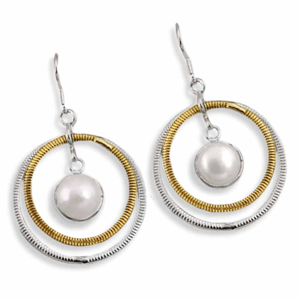 Two Tone 6.38 cts Natural White Pearl Solid .925 Sterling Silver Earrings