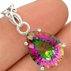 Dainty Natural Rainbow Mystic Pendant In Solid .925 Sterling Silver