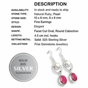 Natural Indian Ruby, Pearl Gemstone Solid .925 Sterling Silver Earrings