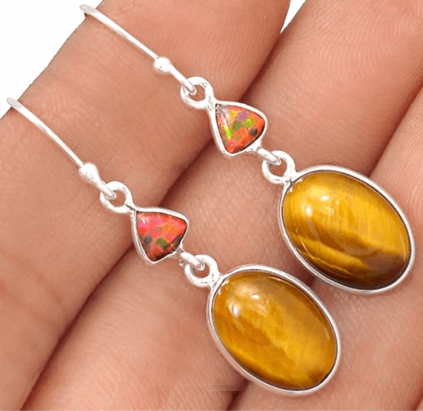 Natural Tigers Eye, Fire Opal Solid .925 Sterling Silver Earrings