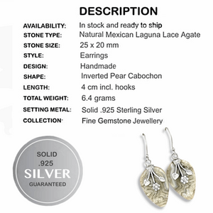 Natural Mexican Laguna Lace Gemstone Solid .925 Sterling Silver Earrings