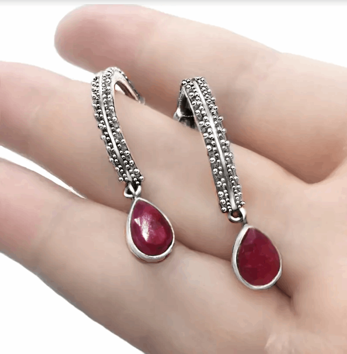 Natural Cherry Ruby Pear Shape Gemstones Set in Solid .925 Sterling Silver Earrings