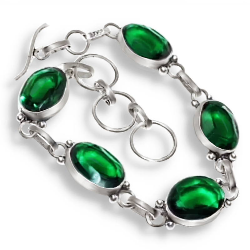 Handmade Emerald Quartz Faceted Gemstone Ovals .925 Sterling Silver Bracelet