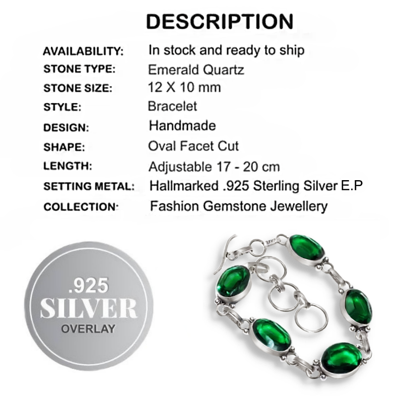 Handmade Emerald Quartz Faceted Gemstone Ovals .925 Sterling Silver Bracelet