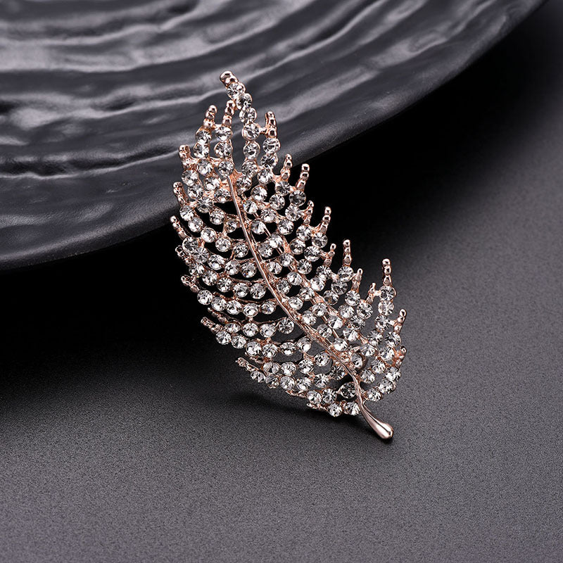 High-end Ornate White Cubic Zirconia Rose Gold Plated Leaf Brooch - BELLADONNA