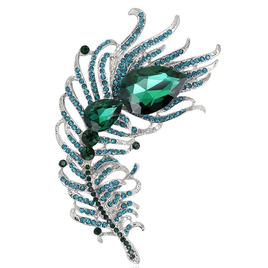 Eye Catching Zirconia and Crystals Embellished Peacock Feather Brooch in Five Assorted Colours for Scarf or Pashmina