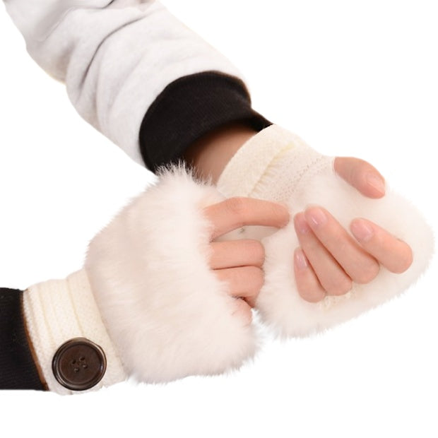 Winter Warm Knitted Half-Finger Faux Fur Gloves with Button Detail - BELLADONNA