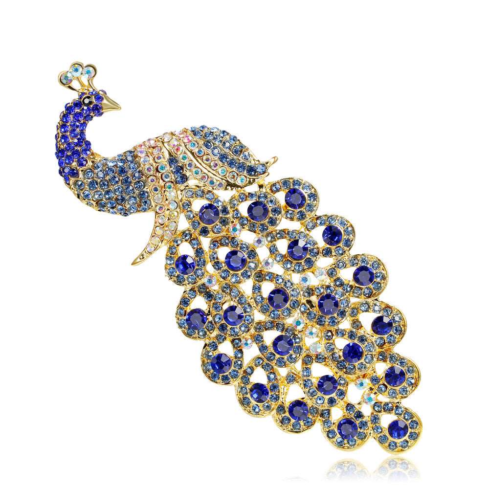 Large Sapphire Crystal Rhinestone Peacock Brooch for a Scarf or Pashmina - BELLADONNA