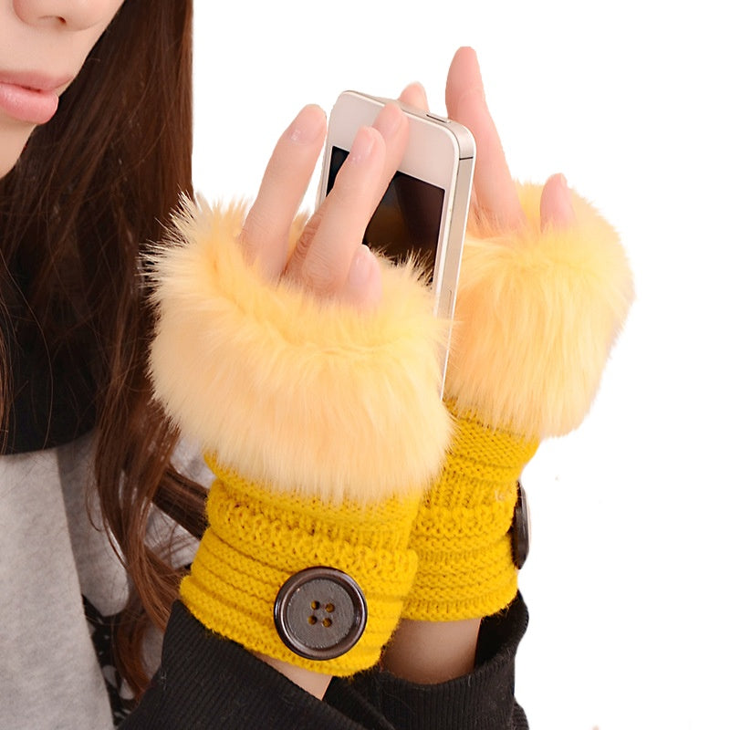 Winter Warm Knitted Half-Finger Faux Fur Gloves with Button Detail - BELLADONNA