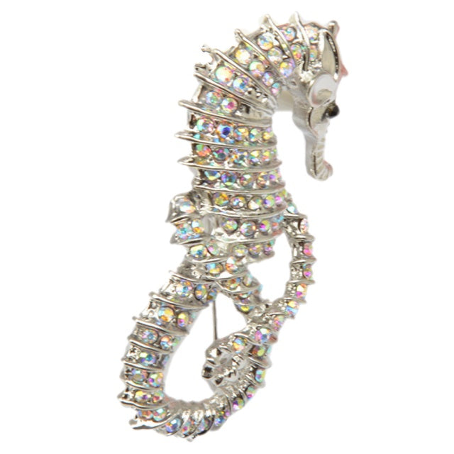 Ocean Series Iridescent AB Diamond Crystal Seahorse Silver Brooch - BELLADONNA