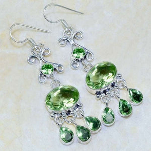 Exquisite Long Green Amethyst Gemstone Chandelier .925 Silver Earrings