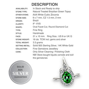 Exotic Natural Brazilian Green Topaz White CZ Solid .925 Sterling Silver 14k White Gold Ring Size 8