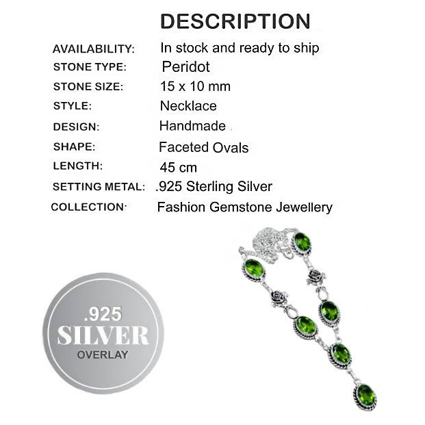 Handmade Peridot Gemstone Ovals with Rose Charm .925 Sterling Silver Necklace