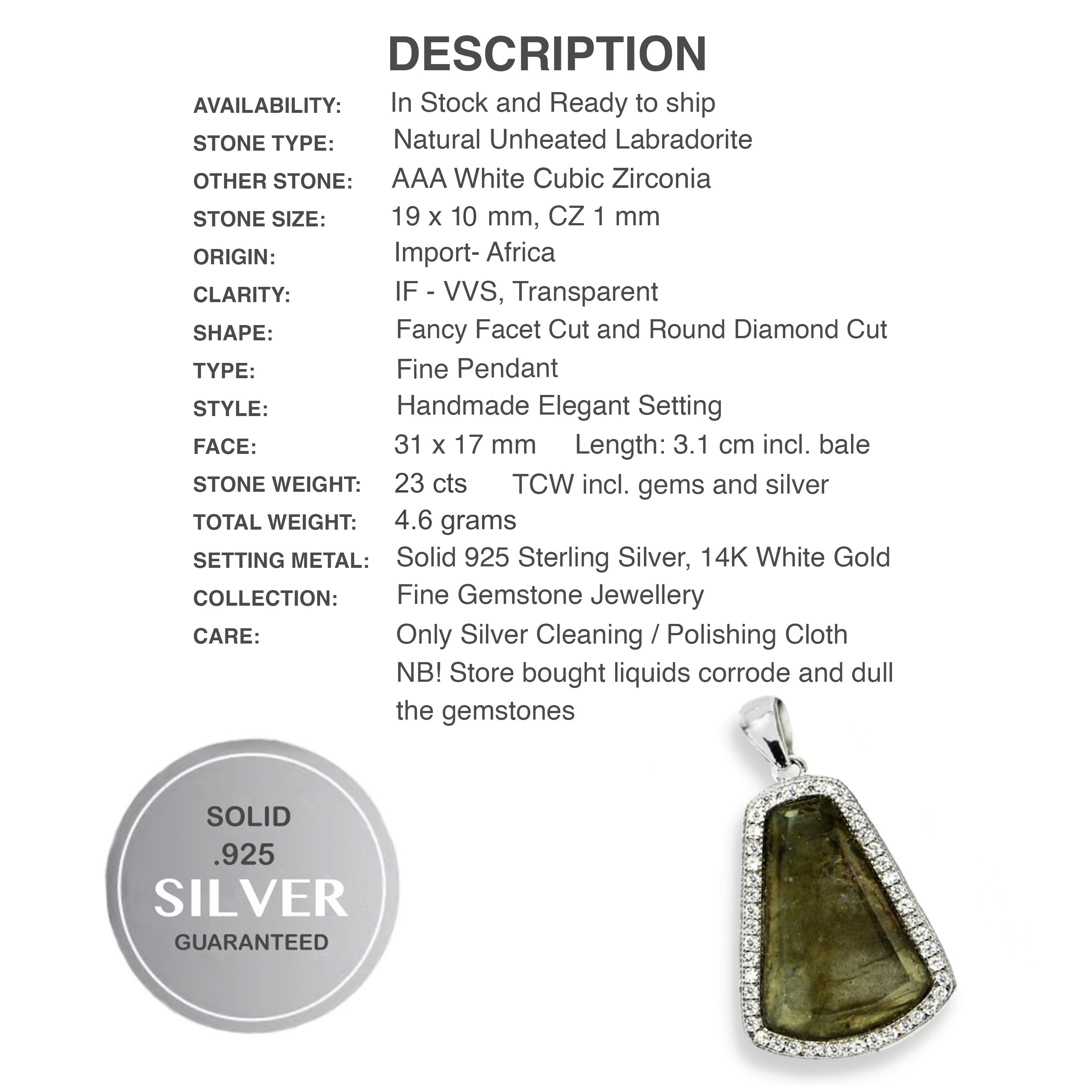 Rare Deluxe Natural Unheated Labradorite AAA White CZ Solid .925 Silver 14K White Gold Pendant