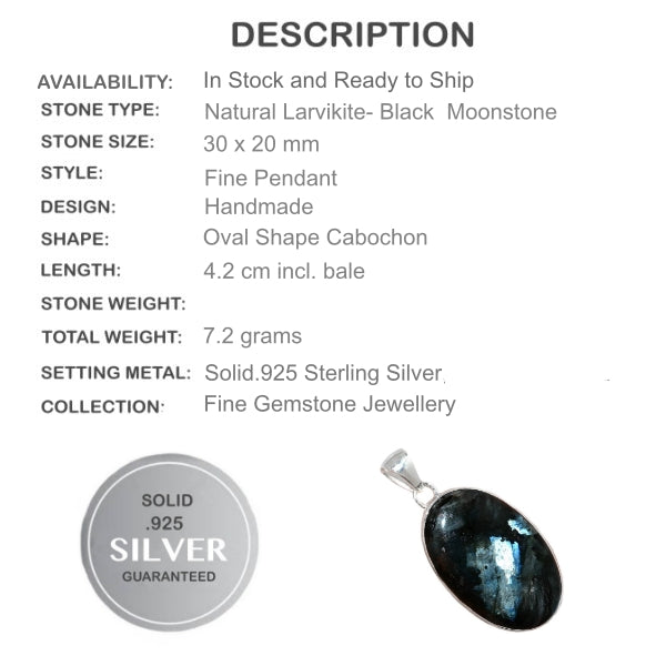 Norwegian Natural Larvikite Black Moonstone Gemstone Solid .925 Sterling Silver Pendant - BELLADONNA