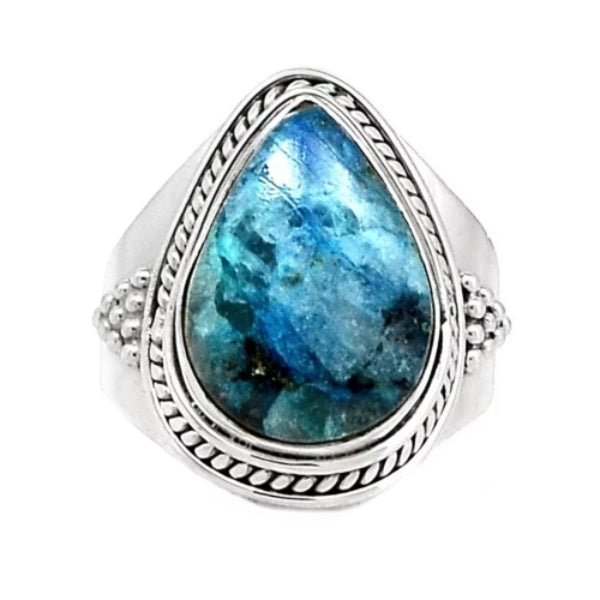 Natural Lightning Azurite With Quartz Gemstone Solid .925 Silver Fine Ring Size US 8 - BELLADONNA