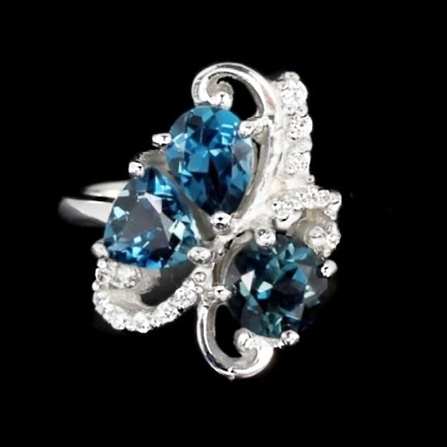 3 cts Natural London Blue Topaz White Cz Solid .925 Sterling Silver Size 7 - BELLADONNA