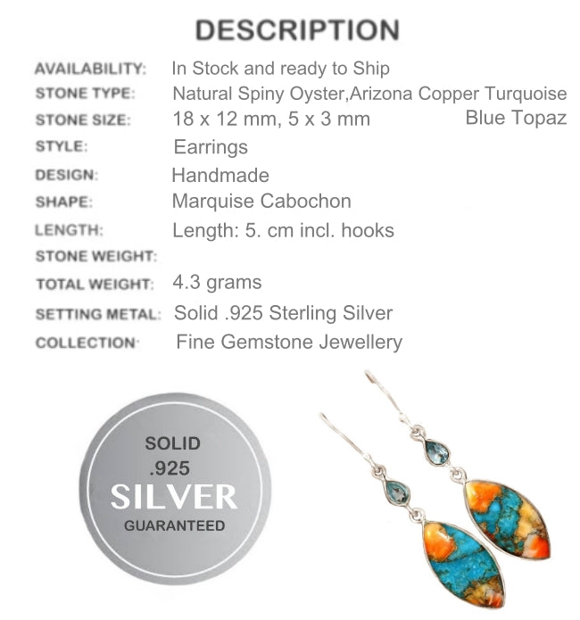 Natural Spiny Oyster Arizona Turquoise, Blue Topaz Solid .925 Sterling Silver Earrings - BELLADONNA