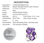 29.22 cts Intense Natural  Unheated Purple Amethyst Gemstone Solid .925 Sterling Silver Ring 14K White Gold Ring Size 7.5 - BELLADONNA