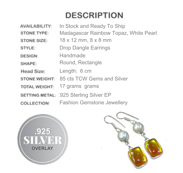 Handmade Madagascar Fiery Topaz and White Pearl Gemstone .925 Sterling Silver Earrings - BELLADONNA