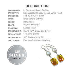 Handmade Madagascar Fiery Topaz and White Pearl Gemstone .925 Sterling Silver Earrings - BELLADONNA