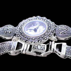 Womens Antique Art of Swiss Marcasite Silver Stainless Steel Quartz Wrist Watch - BELLADONNA