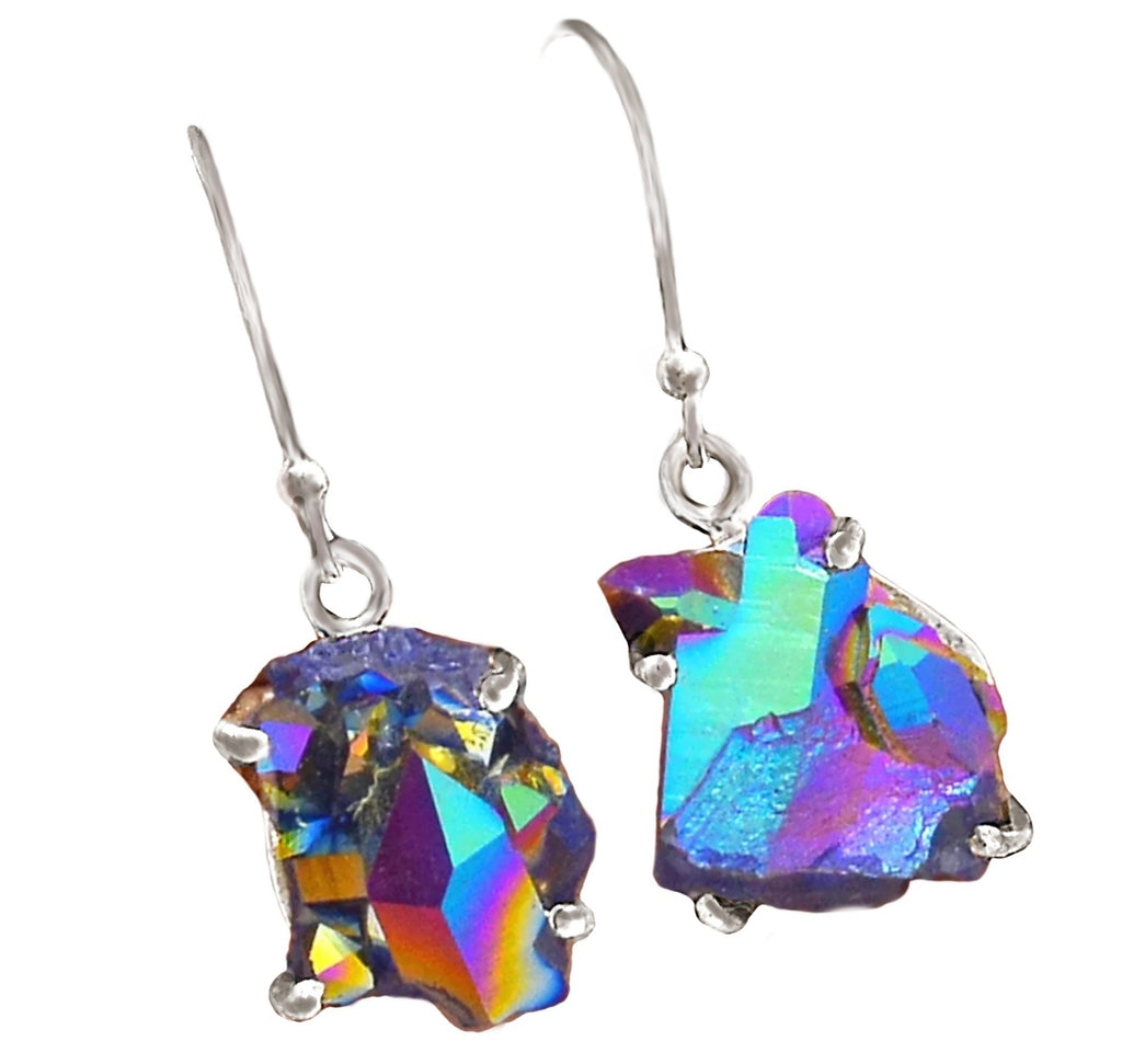 Natural Titanium Aura Quartz Gemstone Solid .925 Sterling Silver Earrings - BELLADONNA