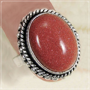 Shimmery Goldstone Sun Sitara set in .925 Sterling Silver Ring Size US 8.5 - BELLADONNA