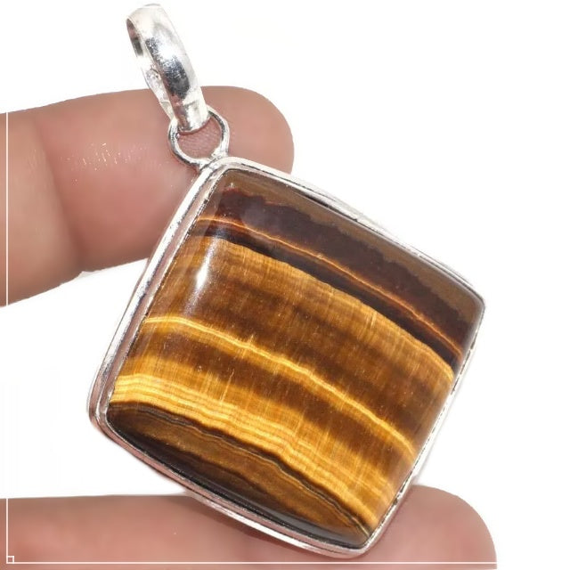 Natural Tigers Eye Diamond Shape Gemstone .925 Sterling Silver Pendant - BELLADONNA