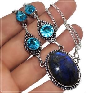 Natural Blue Fire Labradorite, Topaz Gemstone 925 Silver Necklace - BELLADONNA