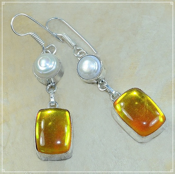 Handmade Madagascar Fiery Topaz and White Pearl Gemstone .925 Sterling Silver Earrings - BELLADONNA