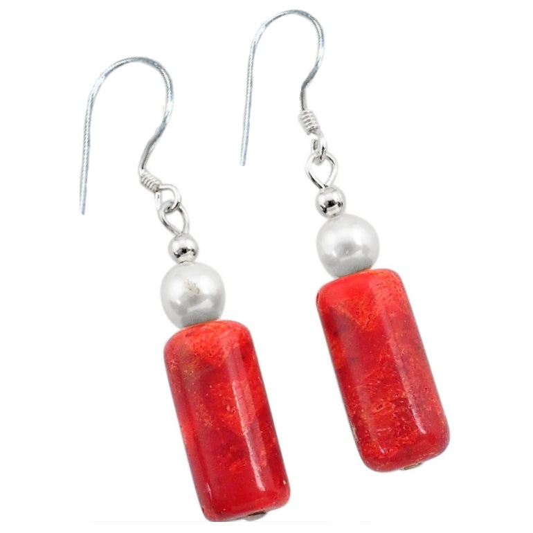 15.86 Cts Natural White Pearl, Faceted Red Sponge Coral Solid .925 Sterling Silver Earrings - BELLADONNA