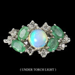 Natural Unheated Full Flash Fire Opal, Emerald, Topaz Solid .925 Silver 14K White Gold Ring Size 9 - BELLADONNA