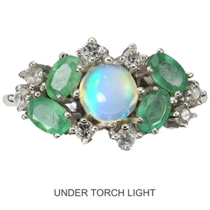 Natural Unheated Full Flash Fire Opal, Emerald, Topaz Solid .925 Silver 14K White Gold Ring Size 9 - BELLADONNA