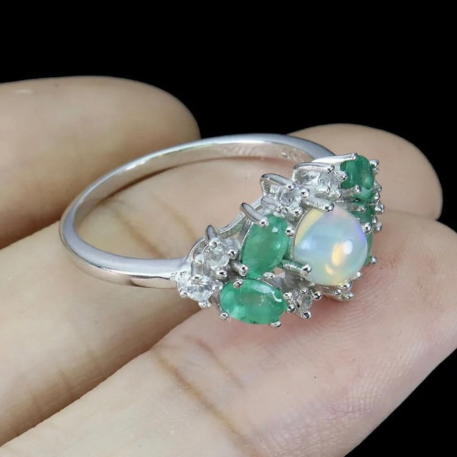 Natural Unheated Full Flash Fire Opal, Emerald, Topaz Solid .925 Silver 14K White Gold Ring Size 9 - BELLADONNA