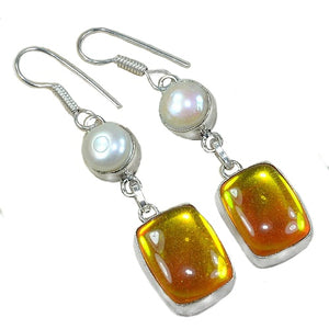 Handmade Madagascar Fiery Topaz and White Pearl Gemstone .925 Sterling Silver Earrings - BELLADONNA