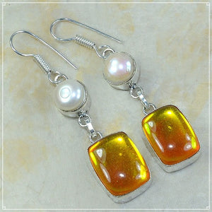 Handmade Madagascar Fiery Topaz and White Pearl Gemstone .925 Sterling Silver Earrings - BELLADONNA